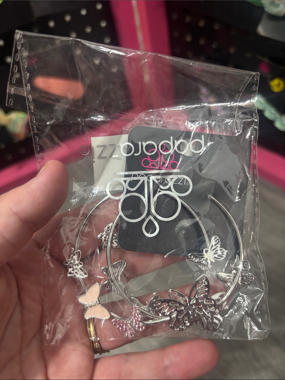 paparazzi Silver Butterfly Hoop Earrings with Pink Accents